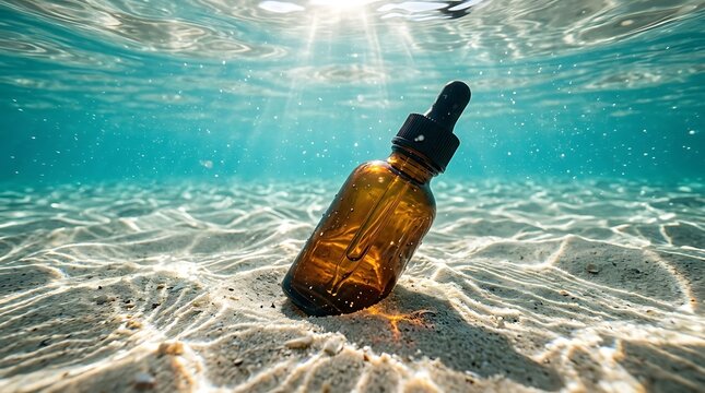 Amber glass dropper bottle resting on a sandy seabed underwater with sunlight filtering through