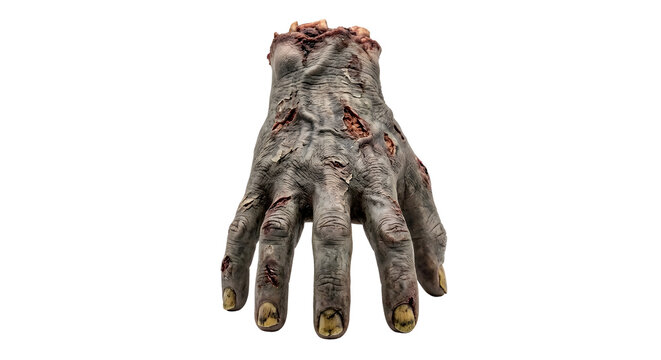 Decayed severed zombie hand standing on rotten bloody fingers