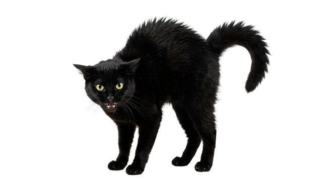 Hissing black cat arched back in defensive pose