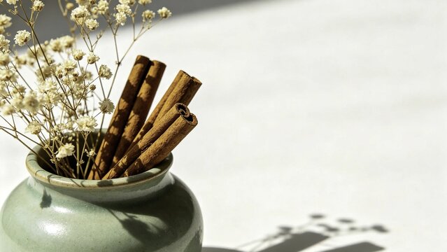 Dried flowers and cinnamon sticks arranged in celadon cerami