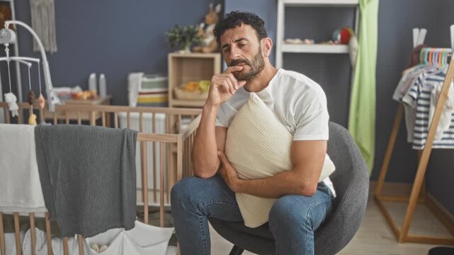 Man holding pillow, hand to chin, seated beside crib and clothes rack in a nursery building, wearing white t shirt and jeans; worry fatherhood.