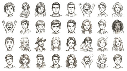 Obraz premium Set of expressive line-drawn faces showcasing emotions like surprise, shock, and contemplation arranged in a structured grid for artistic and design purposes.