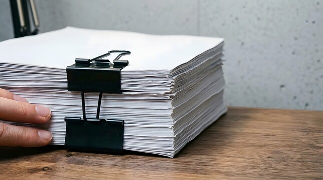Person touching a thick stack of white papers fastened with black binder clips