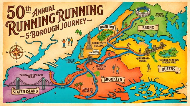 Illustrated vintage New York City marathon map highlighting the 50th Annual Running 5-Borough Journey route, runners, and landmarks