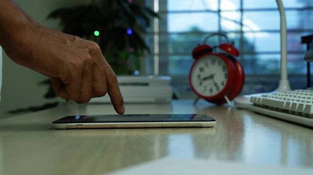 Hand using tablet beside red alarm clock, Hand tapping a tablet on a desk beside a red alarm clock and keyboard in a bright home office