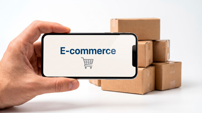 Conceito de vendas online no com&eacute;rcio eletr&ocirc;nico. Uma m&atilde;o segurando um smartphone exibe E-commerce, com v&aacute;rios pedidos em caixas de papel&atilde;o ao fundo.
