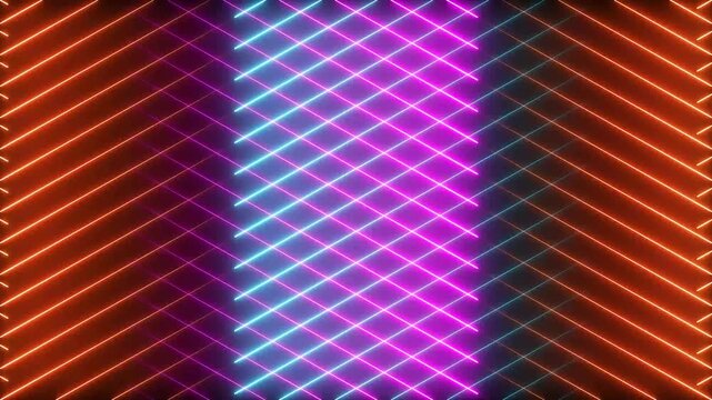 Neon glowing light lines with purple orange and blue colors forming a diagonal grid pattern on a dark background for futuristic design and digital art projects