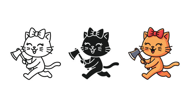 Running cat with axe vector illustration set in multiple color styles
