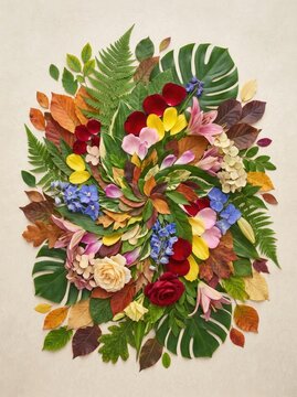 A photographer meticulously arranges a vibrant floral collage on a beige surface.