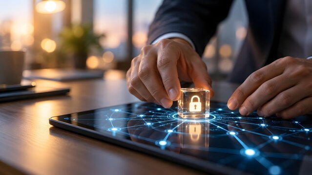 Corporate executive placing a glowing glass padlock cube onto a tablet network grid representing cybersecurity implementation