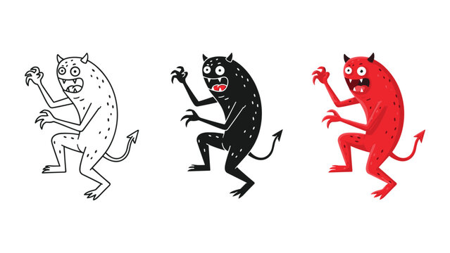 Red cartoon devil monster character vector graphic set
