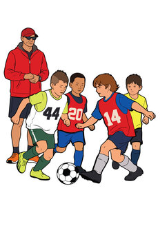 Group of young children scrimmage training with a soccer ball during practice with their coach watching in a clean minimal flat vector illustration on an isolated white background.