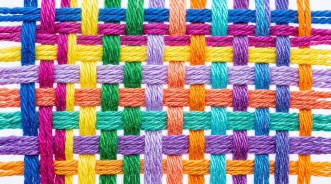 Closeup of a colorful woven fabric texture with intersecting threads in various vibrant colors, creating a detailed and intricate pattern