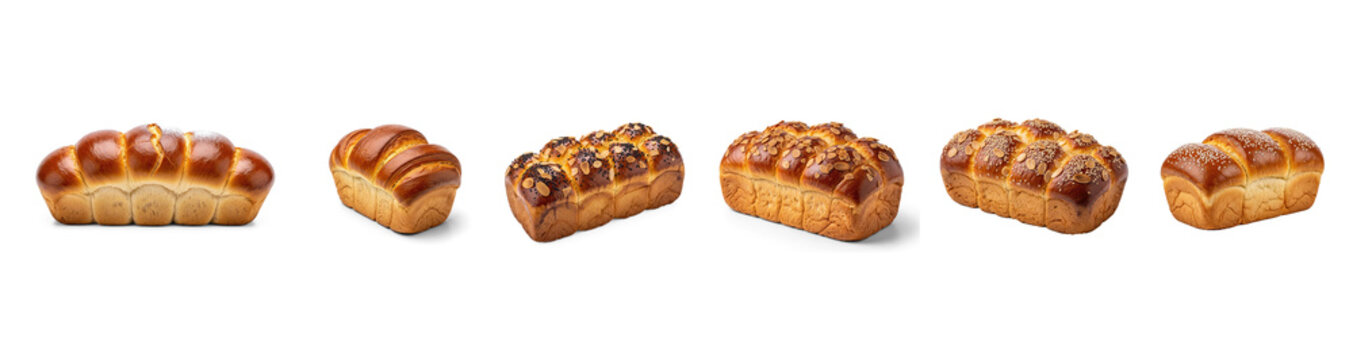 Collection of braided sweet breads is displayed against a transparent background. The breads vary in size and have a glossy, golden-brown crust with visible scoring patterns.