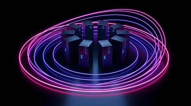 Server rack cluster in a dark environment with glowing neon purple and pink elliptical orbits representing data flow and connectivity.
