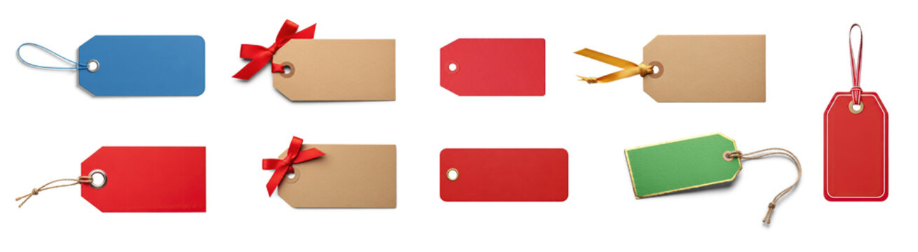 A collection of price tags with varying colors and ribbons. The tags are arranged in a grid pattern against a black background.