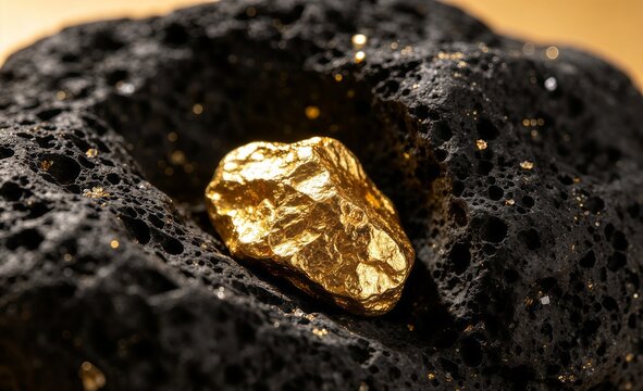 Raw gold nugget nestled in dark volcanic rock, highlighting natural resources, mineral wealth, and mining potential.
