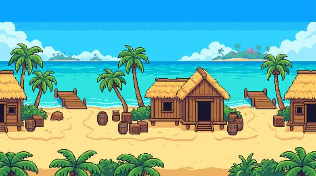 Retro 8 Bit Pixel Art Tropical Island Fishing Village Side Scrolling Game Background