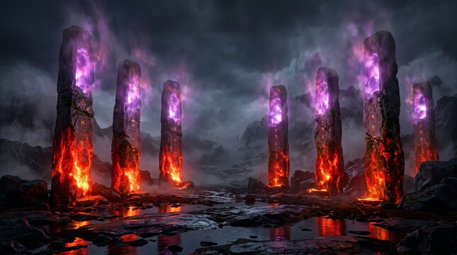 Seven towering ancient stone monoliths erupting with colorful flames in dark landscape