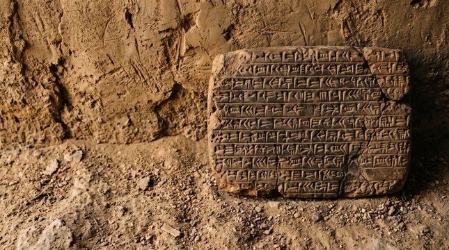 Ancient rectangular clay tablet with cuneiform inscriptions resting on a dusty surface