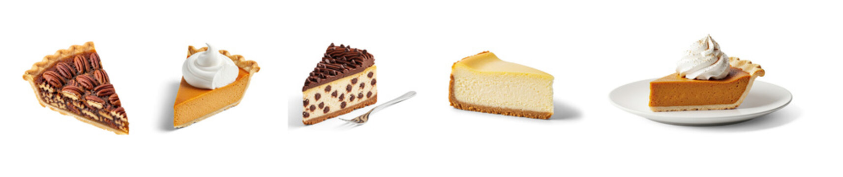 Collection of slices of pie are arranged on a transparent background. Each slice represents a different flavor of pie, including pecan, pumpkin, chocolate, cheesecake, and sweet potato.