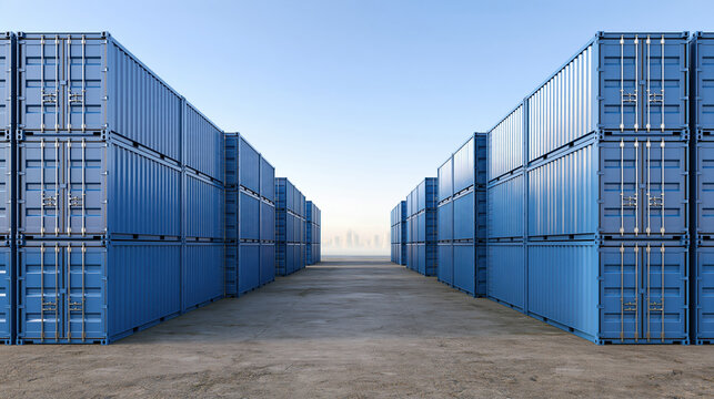 Blue shipping container logistics storage yard with towering stacks of blue shipping container creating clear industrial passage under open sky