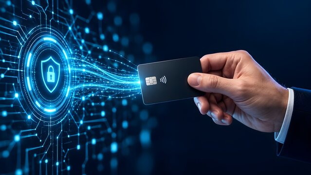 Hand holding a contactless credit card connecting to a digital security shield representing secure online payment encryption