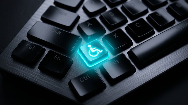 Close up of a keyboard key with wheelchair symbol illuminated in blue light
