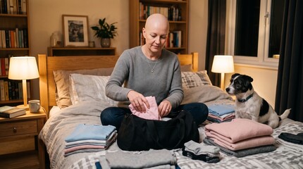 Fototapeta premium Bald woman organizes clothes on bed while sitting with her dog in a cozy room