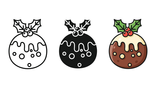 Traditional Christmas pudding with holly vector set