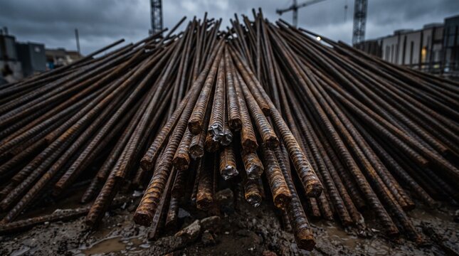Close up of stacked steel reinforcement bars on a construction site under cloudy skies