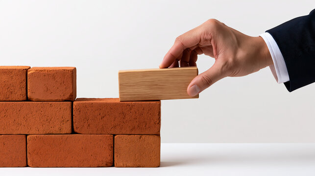 Business resilience concept with anonymous executive hand placing wooden block on brick wall
