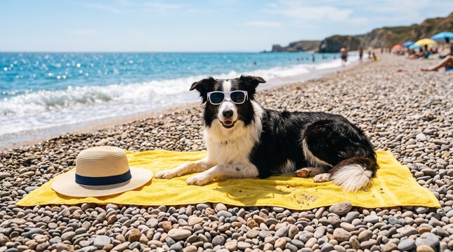 A border collie wearing sunglasses relaxes on a beach towel by the ocean
