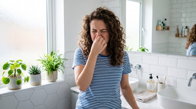 Young woman reacting to an unpleasant smell in a modern bathroom environment