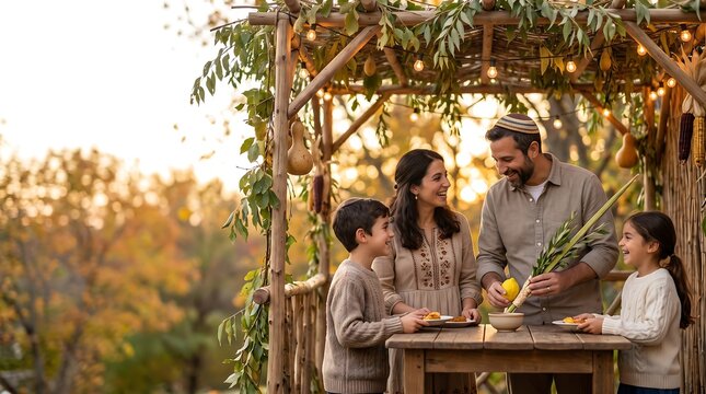A family celebrates the jewish festival of sukkot inside a decorated wooden sukkah structure with autumn foliage autumnal celebration community