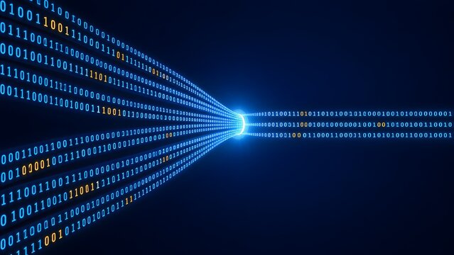 Glowing binary numbers funneling into a high speed digital light beam representing rapid data transmission