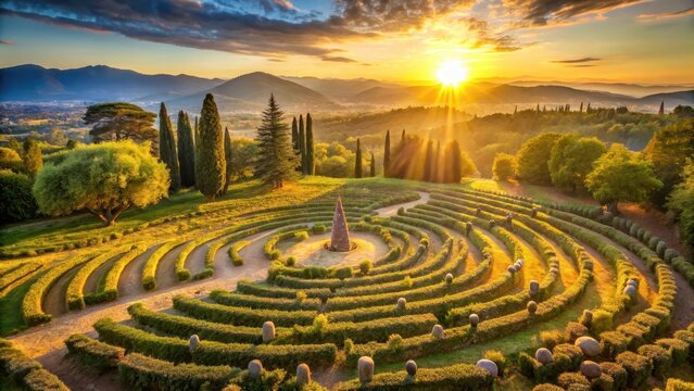 A timeless stone labyrinth rises from luccas tuscan hills cloaked in ancient vines and golden sunlight forever