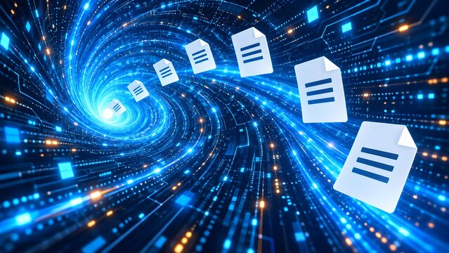 Digital document icons spiraling into a glowing blue tech vortex representing high speed data archiving