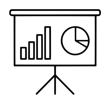 Black line vector icon of presentation flip chart on tripod stand showing bar graph and pie chart, business analytics illustration for corporate meeting data visualization and financial report concept