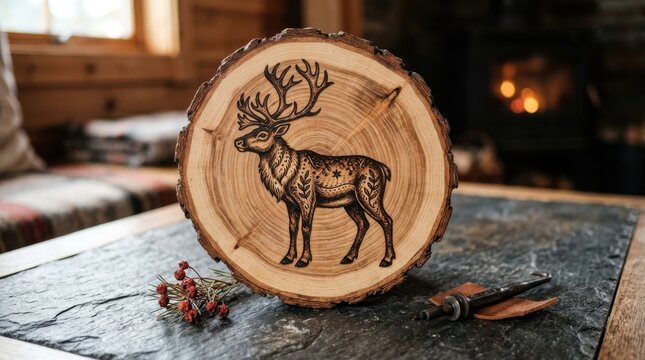 Rustic wood slice with intricate reindeer pyrography art in cozy cabin setting