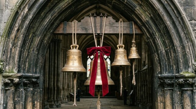 Antique church bells adorned with a velvet bow hanging in a gothic archway