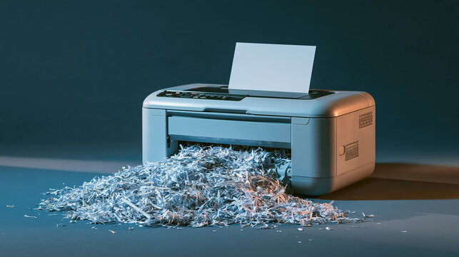 Office printer overflowing with shredded paper, illustrating document destruction and information security concern