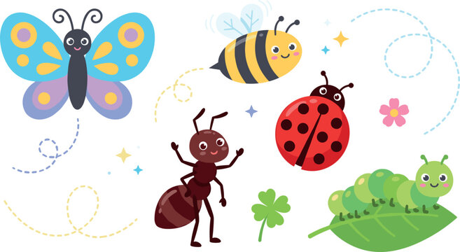 Cute Cartoon Insect Vector Set Featuring Butterfly Honey Bee Ant Ladybug and Caterpillar Characters for Kids Educational Material and Preschool Garden Nature Designs