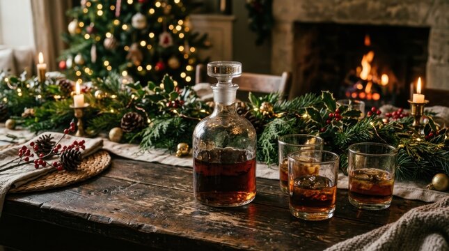Cozy Christmas Eve scene with whiskey decanter and glasses by a fireplace and tree