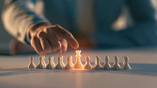Strategic leadership concept showing anonymous executive hand moving king chess piece forward among opponents with warm dramatic light