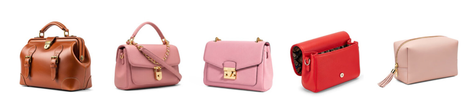 a collection of five handbags in various colors and styles. The handbags include a brown doctor's bag, a pink satchel, a pink crossbody bag, a red pouch, and a beige small bag.