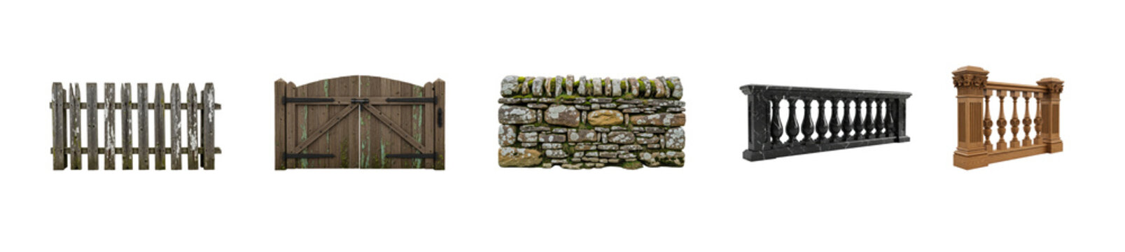 Collection of different fence styles is displayed against a transparent background. The fences vary in material, design, and color, showcasing a collection of decorative barriers.