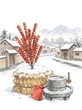 Tanghulu skewers beside a stone mill in a snow-covered village yard