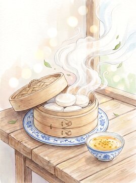 Steamed dumplings in a lidded bamboo steamer with a sauce dish