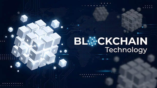 Abstract blockchain technology background with glowing digital cube structures and circuit pattern
